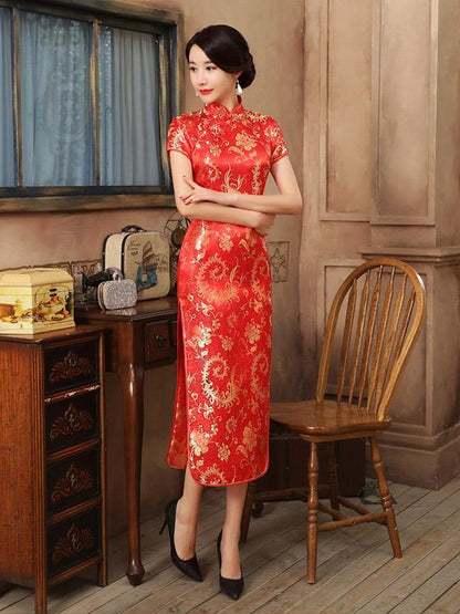 Red Gold-flower Print Split-side Long Cheongsam
