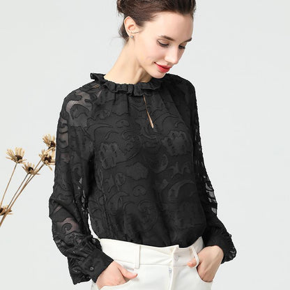 Chiffon Long Sleeve Round Neck Plus Size Shirt