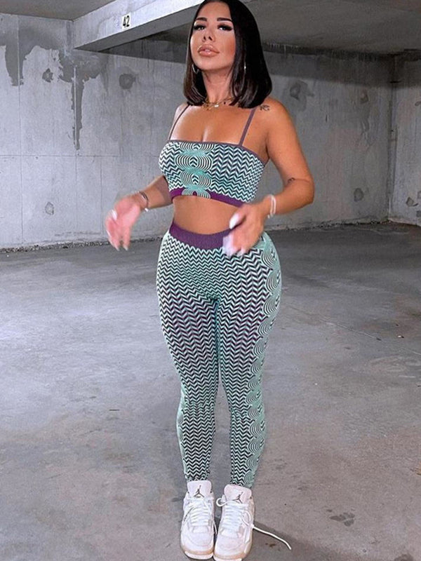 Printed Backless Spaghetti-Neck Vest&Leggings Suits