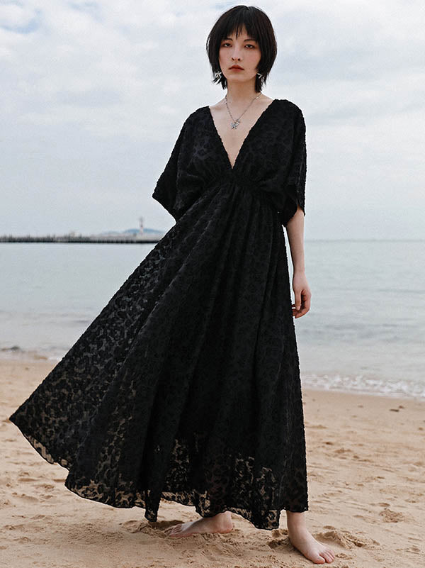 Stylish Solid Color Hollow Embroidered Mesh Backless Split-Side V-Neck Half Sleeves Maxi Dress