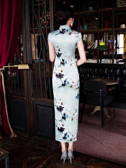 Vintage Print Stand Collar Long Cheongsam Dress