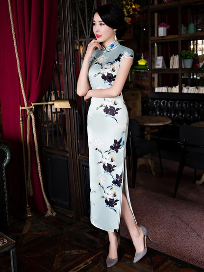 Vintage Print Stand Collar Long Cheongsam Dress