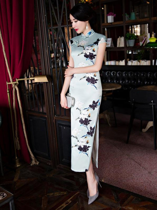 Vintage Print Stand Collar Long Cheongsam Dress