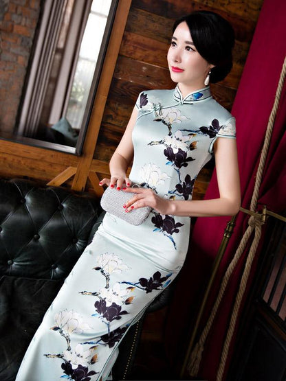 Vintage Print Stand Collar Long Cheongsam Dress