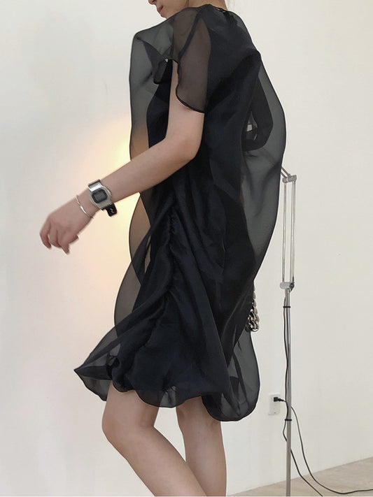 Original See-Through Bishop Sleeve Round-Neck Mini Dress