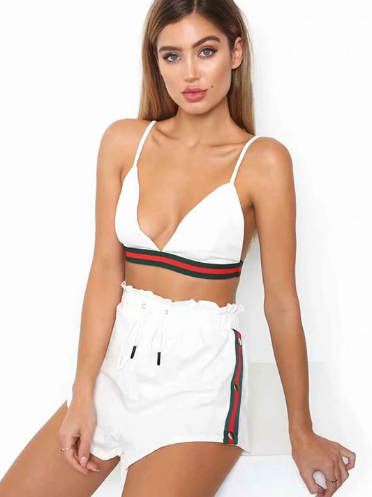 Spaghetti-neck Contrast Trim Bra And Shorts Sport Suits