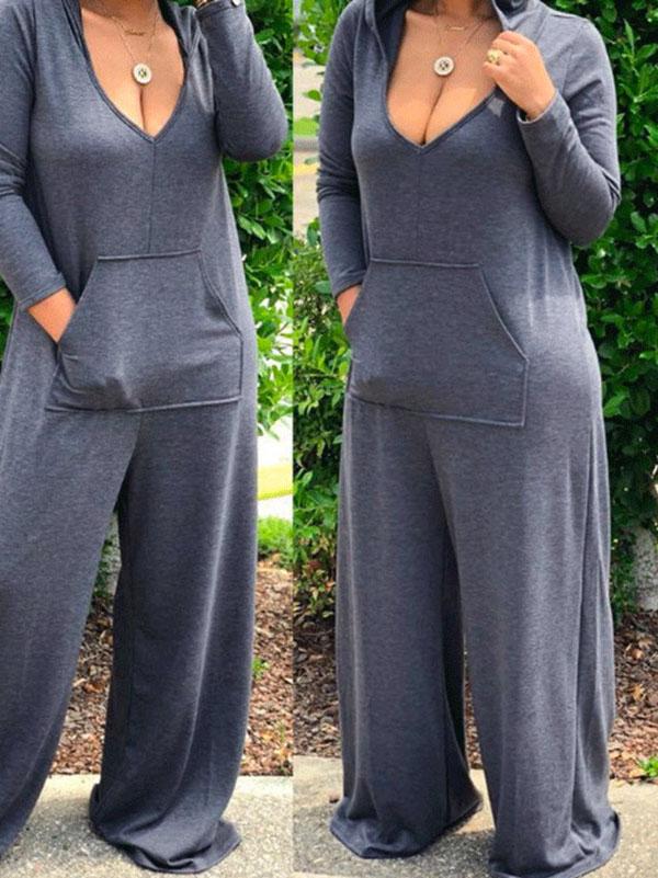 Loose Solid Pocket Hoodie Wide Leg Jumpsuits