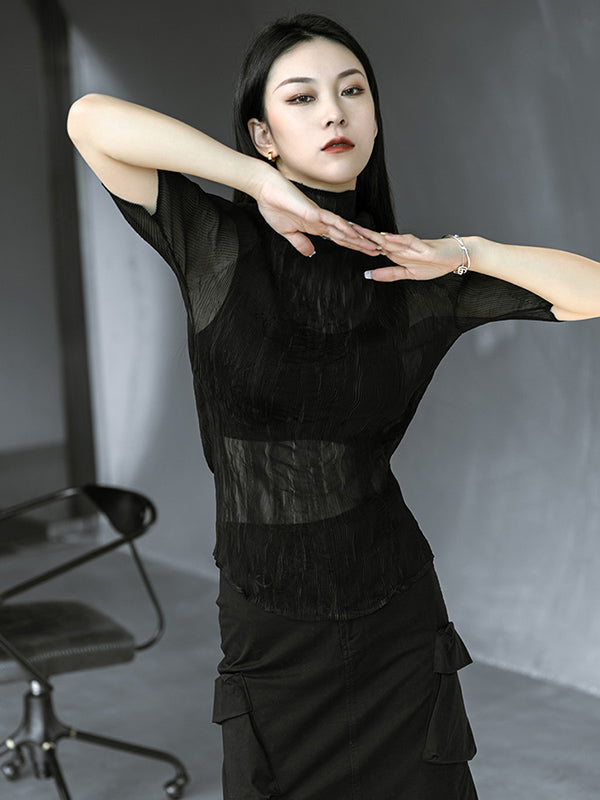 Original Solid Color High-Neck Long Sleeve See-Through T-Shirts Tops