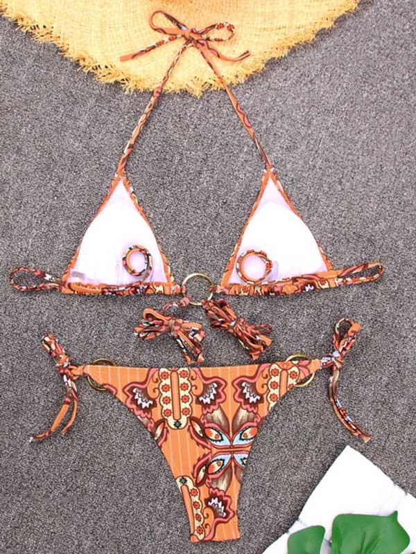 Triangles Bandage Metal Ring Split Bikini Swimsuit