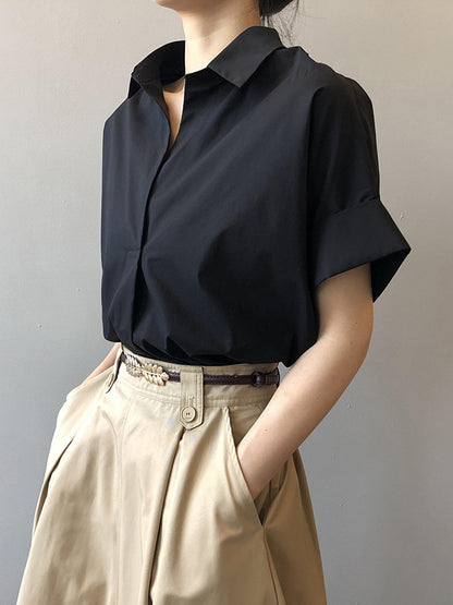 Simple Urban Solid Color Pleated Lapel Collar Short Sleeves Blouse
