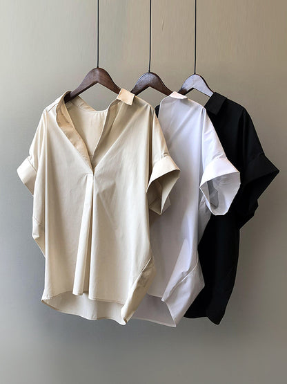 Simple Urban Solid Color Pleated Lapel Collar Short Sleeves Blouse