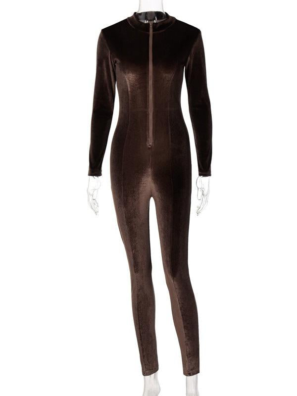 Sexy Solid Color Zipper Long Sleeves Sports Jumpsuits