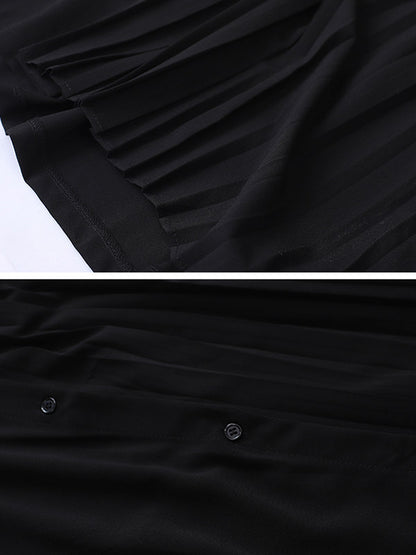 Stylish Split-Joint Pleated Belted Lapel A-Line Short Sleeves Midi Dress