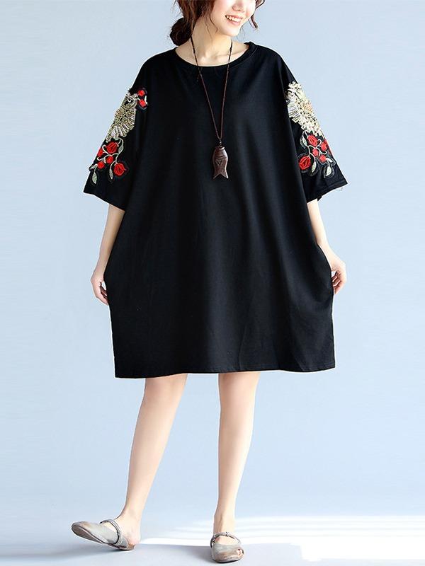 Loose Embroidery Black Midi Dresses