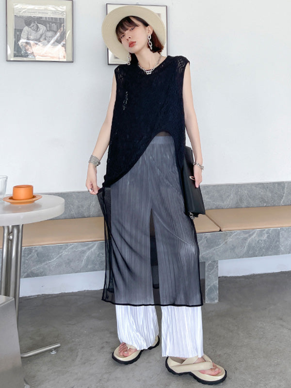 Stylish Asymmetric Hollow Split-Joint See-Through Round-Neck Vest