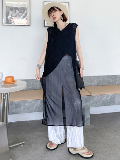 Stylish Asymmetric Hollow Split-Joint See-Through Round-Neck Vest
