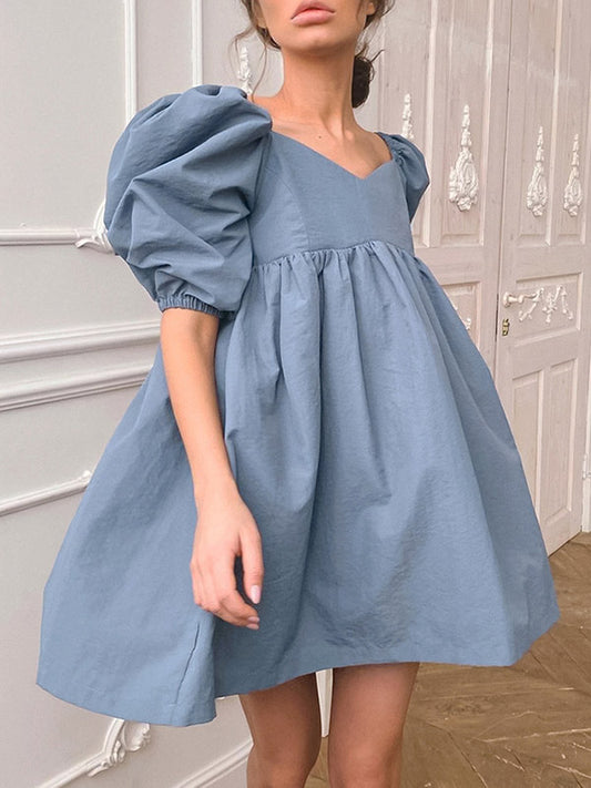 Stylish Split-Joint Pleated Puff Sleeves A-Line Mini Dress