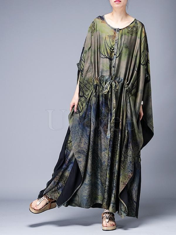 Loose Lace-up Printed Long Dress