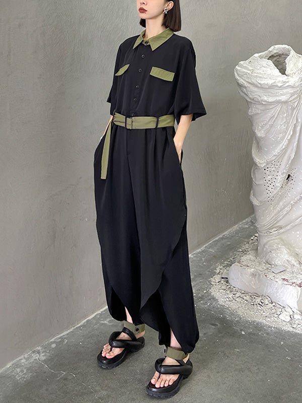 Stylish Belted Polo Collar Half Sleeve High-Waisted Jumpsuits