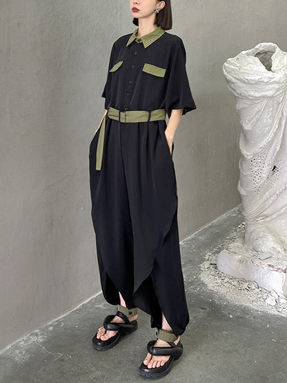 Stylish Belted Polo Collar Half Sleeve High-Waisted Jumpsuits