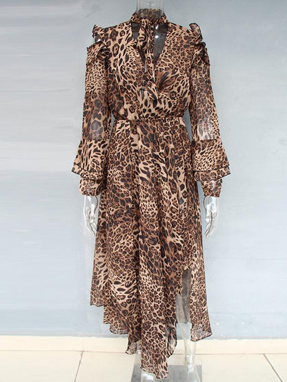 V-neck Chiffon Irregular Leopard Printed Maxi Dress
