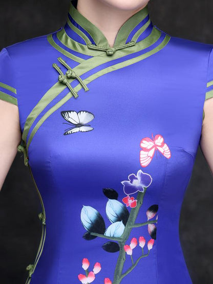 Elegant Blue Peony Print Short Cheongsam Dress