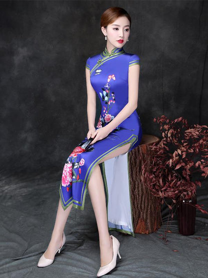 Elegant Blue Peony Print Short Cheongsam Dress