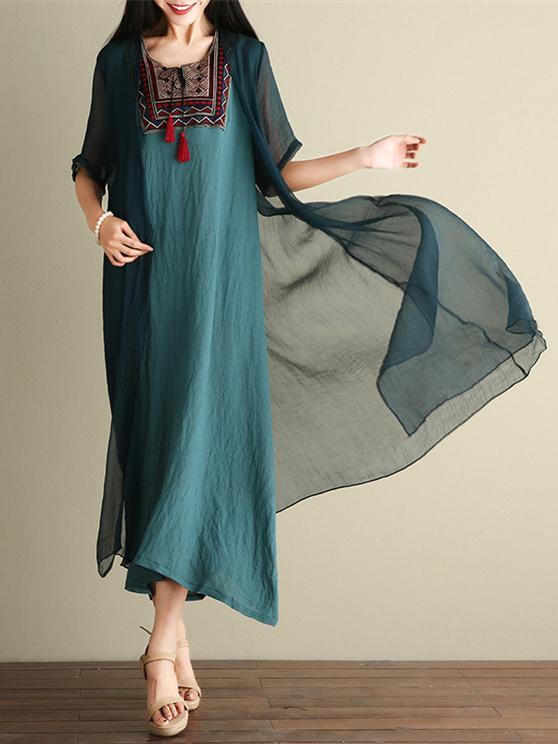 Green Embroidered Ramie Cotton Dress