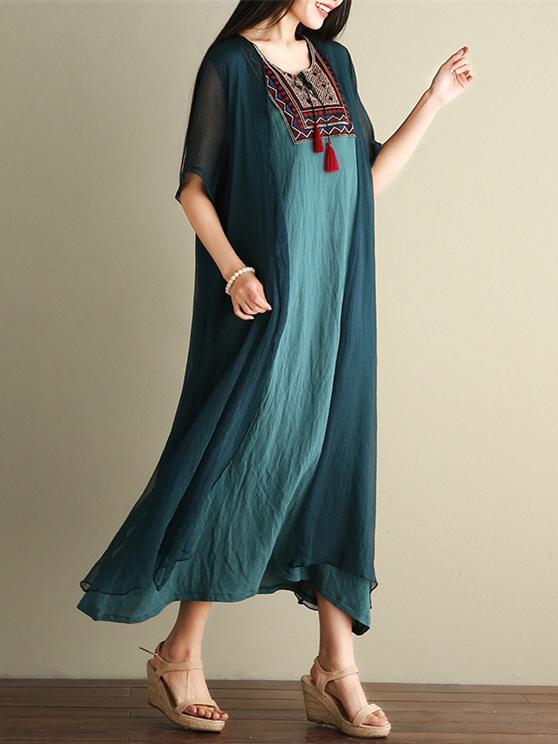 Green Embroidered Ramie Cotton Dress