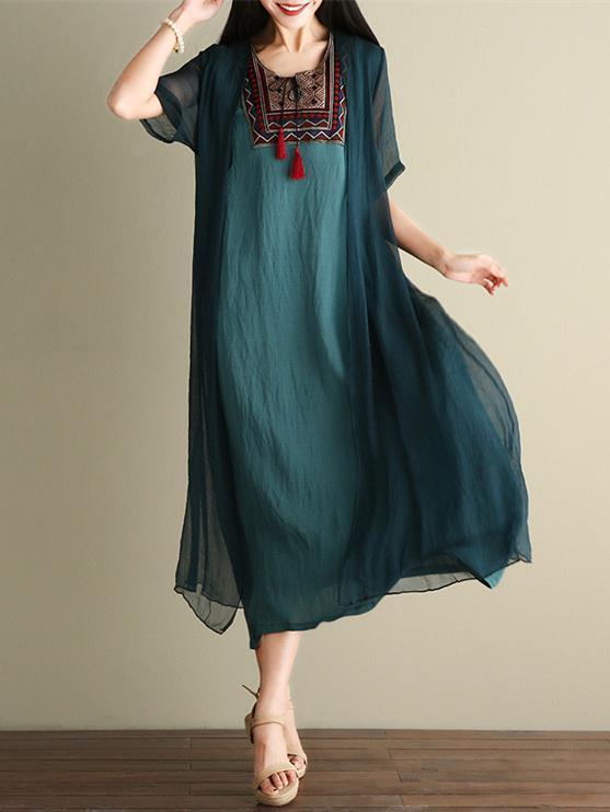 Green Embroidered Ramie Cotton Dress