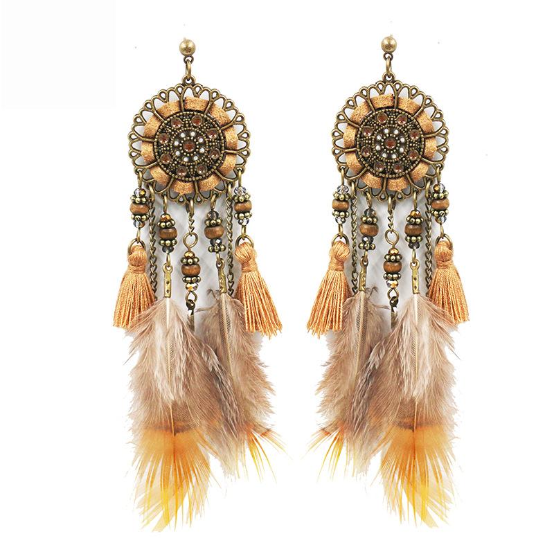 Handmade tassel Creative feather pendant leather wood bead crystal Earrings Wholesale