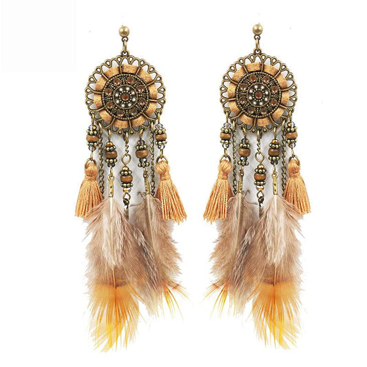 Handmade tassel Creative feather pendant leather wood bead crystal Earrings Wholesale