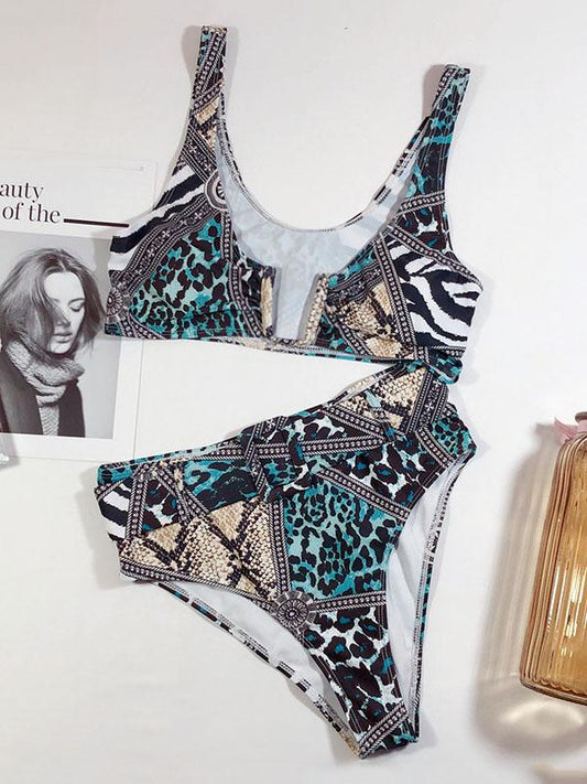 U-Neck Sash Printing Bikini Swimsuit