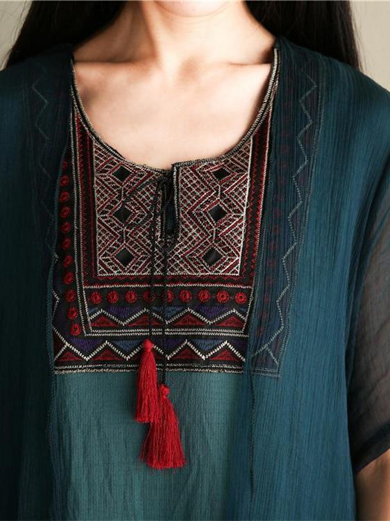 Green Embroidered Ramie Cotton Dress