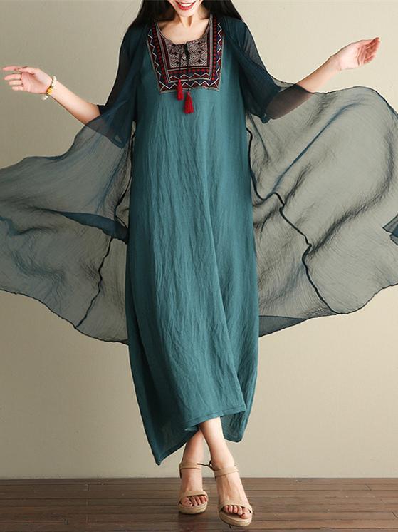 Green Embroidered Ramie Cotton Dress