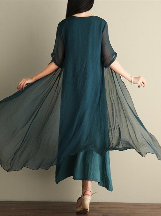 Green Embroidered Ramie Cotton Dress