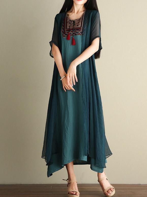 Green Embroidered Ramie Cotton Dress