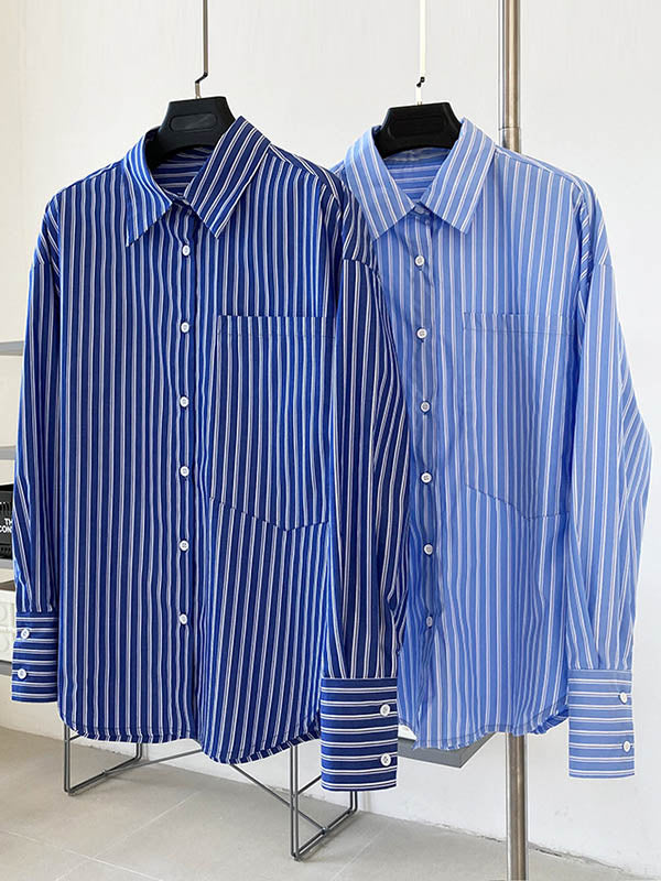 Chic Simple Striped Buttoned Split-Joint With Pocket Lapel Collar Long Sleeves Blouse
