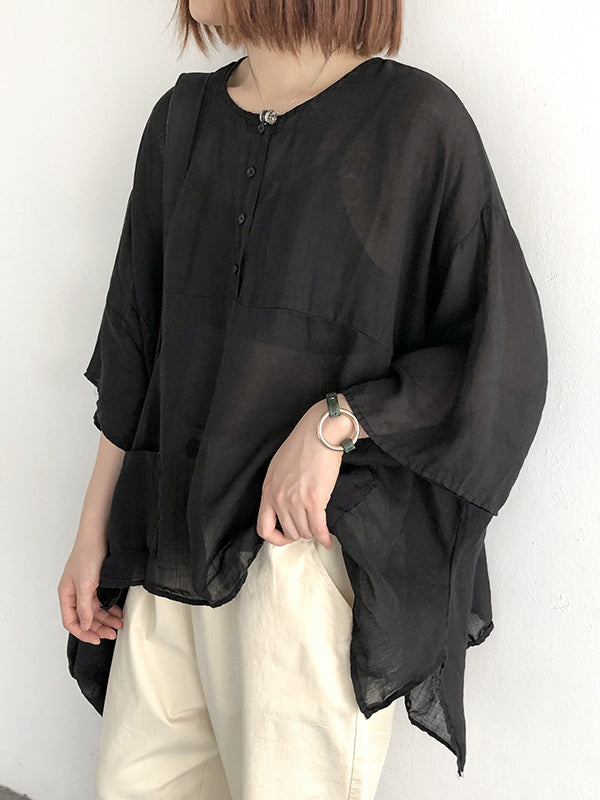 Simple Casual Loose Solid Color Ramie Cotton T-Shirt Top