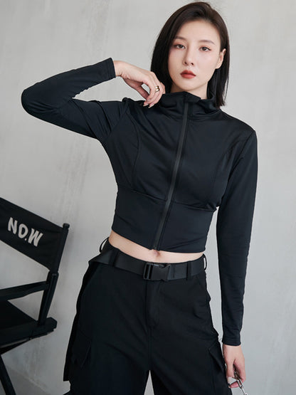 Sports Solid Color Zipper Stand Collar Long Sleeves Outwear