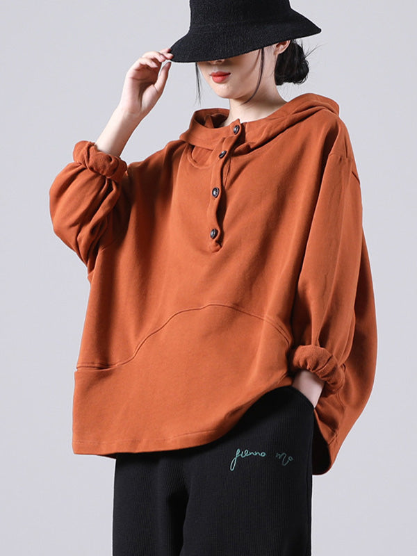 Casual Solid Color Buttoned Batwing Sleeve Hoodies