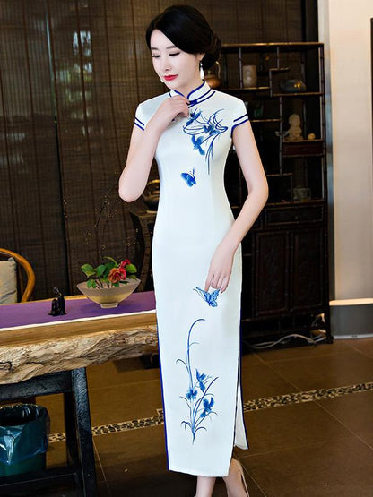 White Embroidered Split-side Long Cheongsam