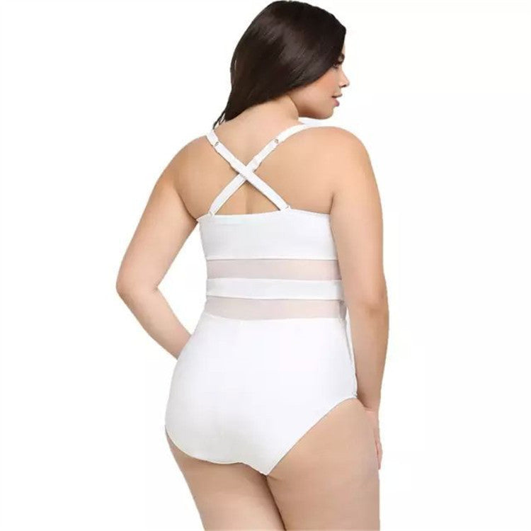 mesh yarn stitching fat solid one piece swimsuit