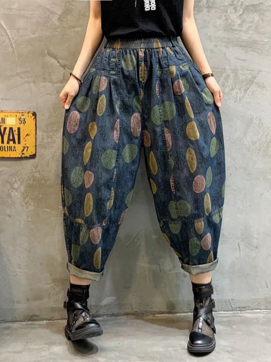 Vintage High Waist Contrast Color Geometric Printed Harem Pants Jean