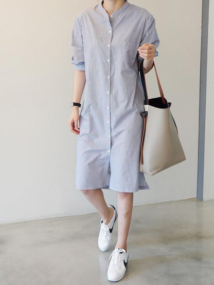 SEXY BACKLESS DESIGNED STRIPE MIDI DRESS SHIRT