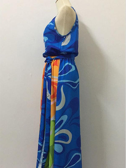 Popular Floral-Print Straps Cross Neck Sleeveless Beach Maxi Dress