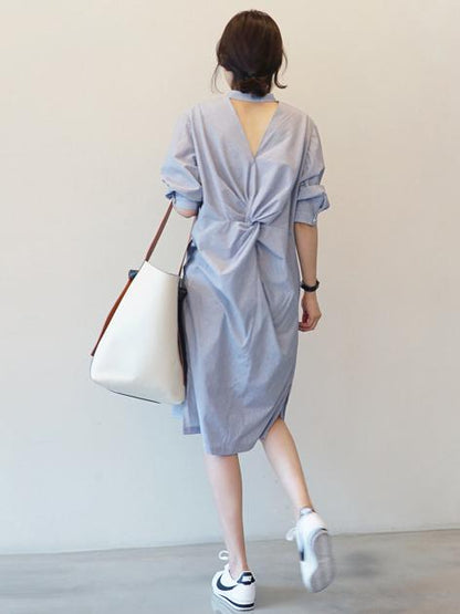 SEXY BACKLESS DESIGNED STRIPE MIDI DRESS SHIRT