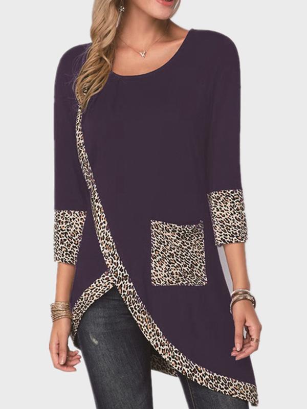 Round-Neck Leopard Printed Three Points Sleeves Blouse