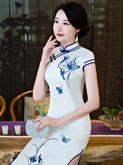 White Embroidered Split-side Long Cheongsam