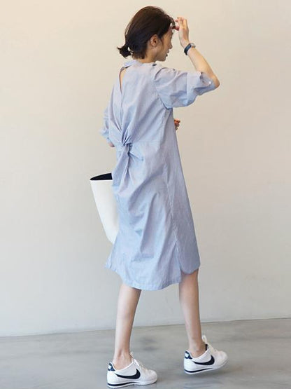 SEXY BACKLESS DESIGNED STRIPE MIDI DRESS SHIRT
